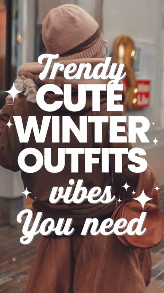 A person dressed in warm winter clothing, including a brown coat and a knitted hat, walking in an urban setting with the text 'Trendy Cute Winter Outfits Vibes You Need' overlayed on the image.