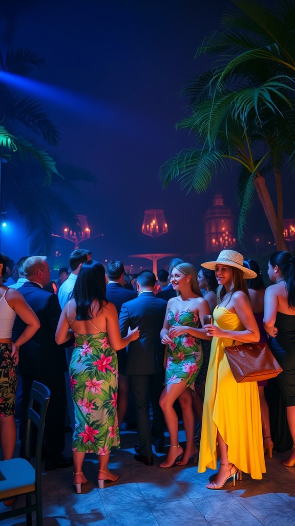 A lively evening party with people dressed in colorful attire, set outdoors among palm trees and under a dark sky lit by ambient lights.