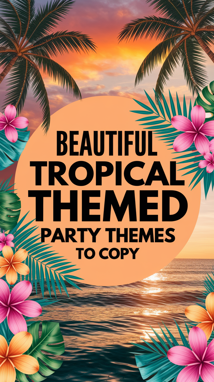 A vibrant tropical-themed image featuring palm trees and colorful flowers against a sunset over the ocean, with the text "Beautiful Tropical Themed Party Themes to Copy."