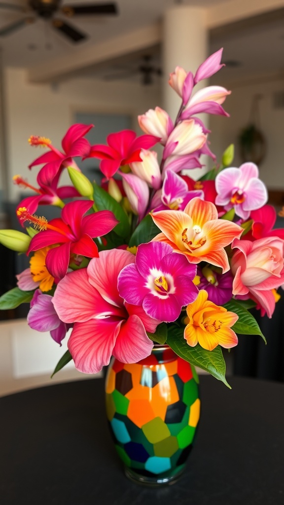 A colorful bouquet of mixed flowers, including pink, orange, and red blossoms, arranged in a vibrant, multicolored geometric-patterned vase on a dark surface.