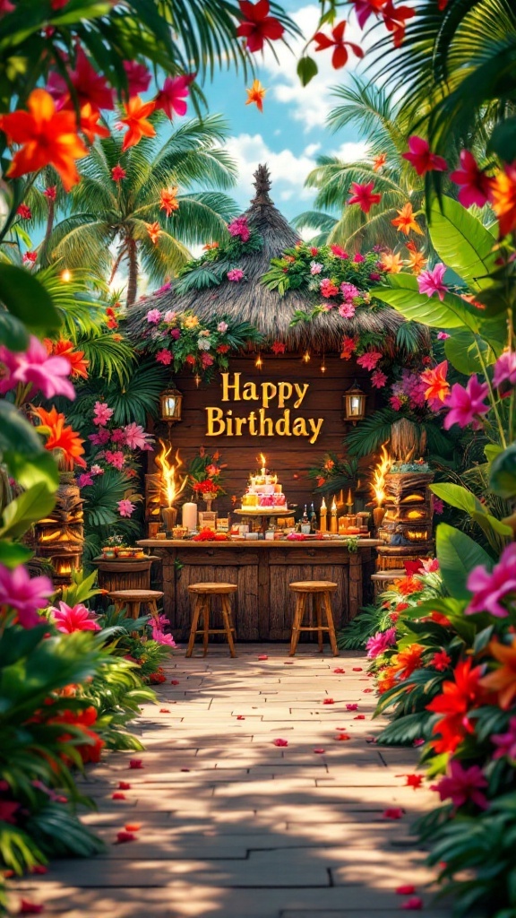 A vibrant tropical luau birthday party setup with flowers, tiki decor, and a birthday cake.