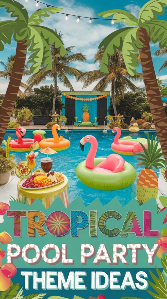 A vibrant pool scene with flamingo floats, tropical decor, palm trees, and a colorful banner reading "Tropical Pool Party Theme Ideas."