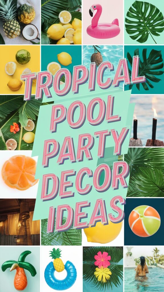 Collage of tropical-themed items including fruit, inflatable toys, and leaves, with "Tropical Pool Party Decor Ideas" text in the center.
