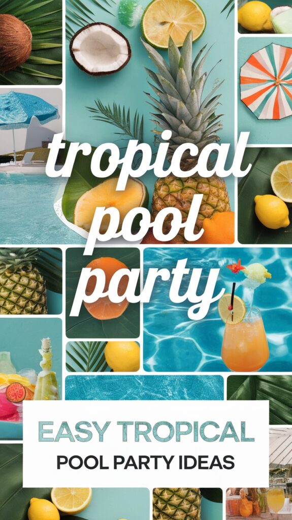 Collage of tropical items like coconuts, pineapples, and a pool with text "Tropical Pool Party" and "Easy Tropical Pool Party Ideas".