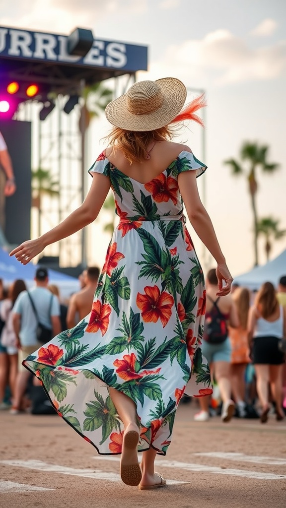 A woman wearing a floral dress and straw hat walks towards an outdoor stage at a festival. Her dress features large, colorful flowers, and she is surrounded by a crowd under a partly cloudy sky.
