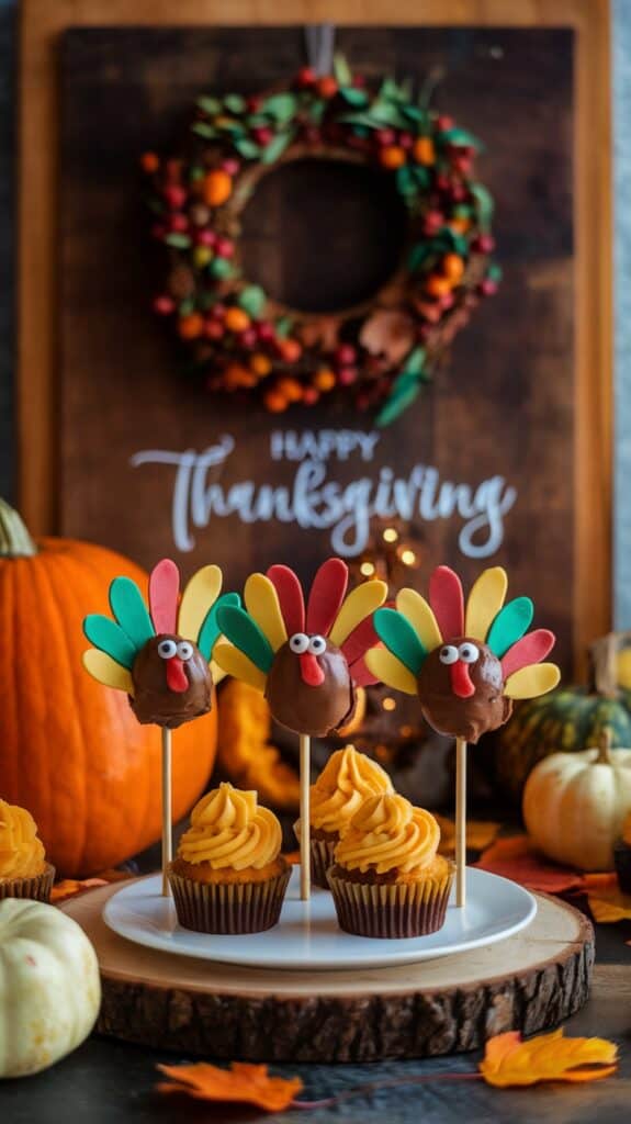 Thanksgiving-themed cupcakes decorated with turkey cake pops, set on a white plate with fall leaves and pumpkins in the background.