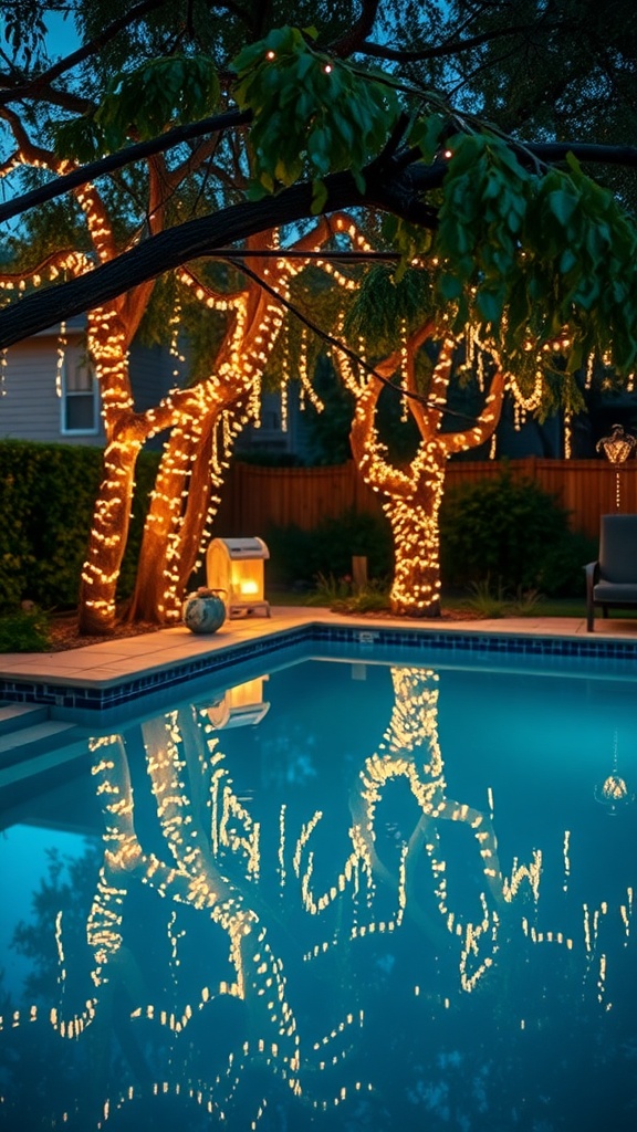 Trees adorned with string lights reflect in a tranquil swimming pool during dusk, creating a serene evening scene.