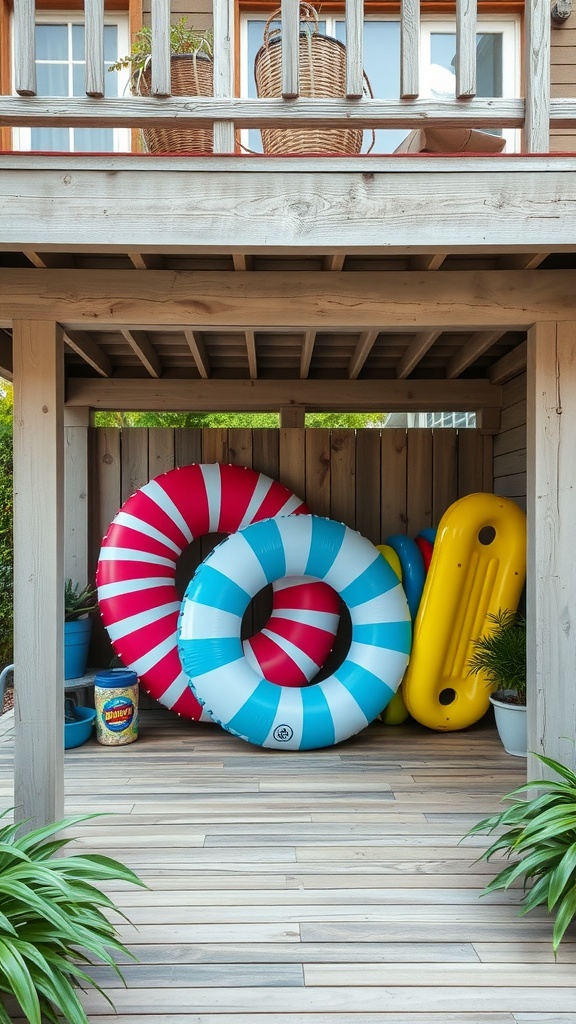 A wooden deck area with colorful inflatable pool rings, one red and white and another blue and white, and a yellow float stored underneath a porch. Potted plants and a container of pool-related items are visible around the inflatables.