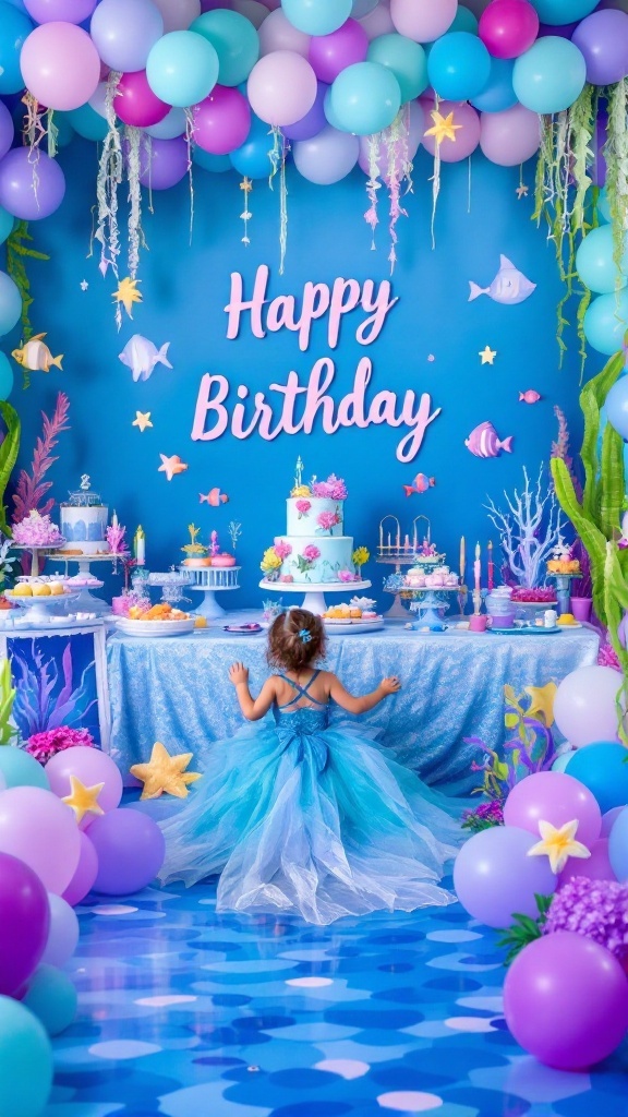 A colorful birthday setup with ocean-themed decorations, balloons, and a cake.