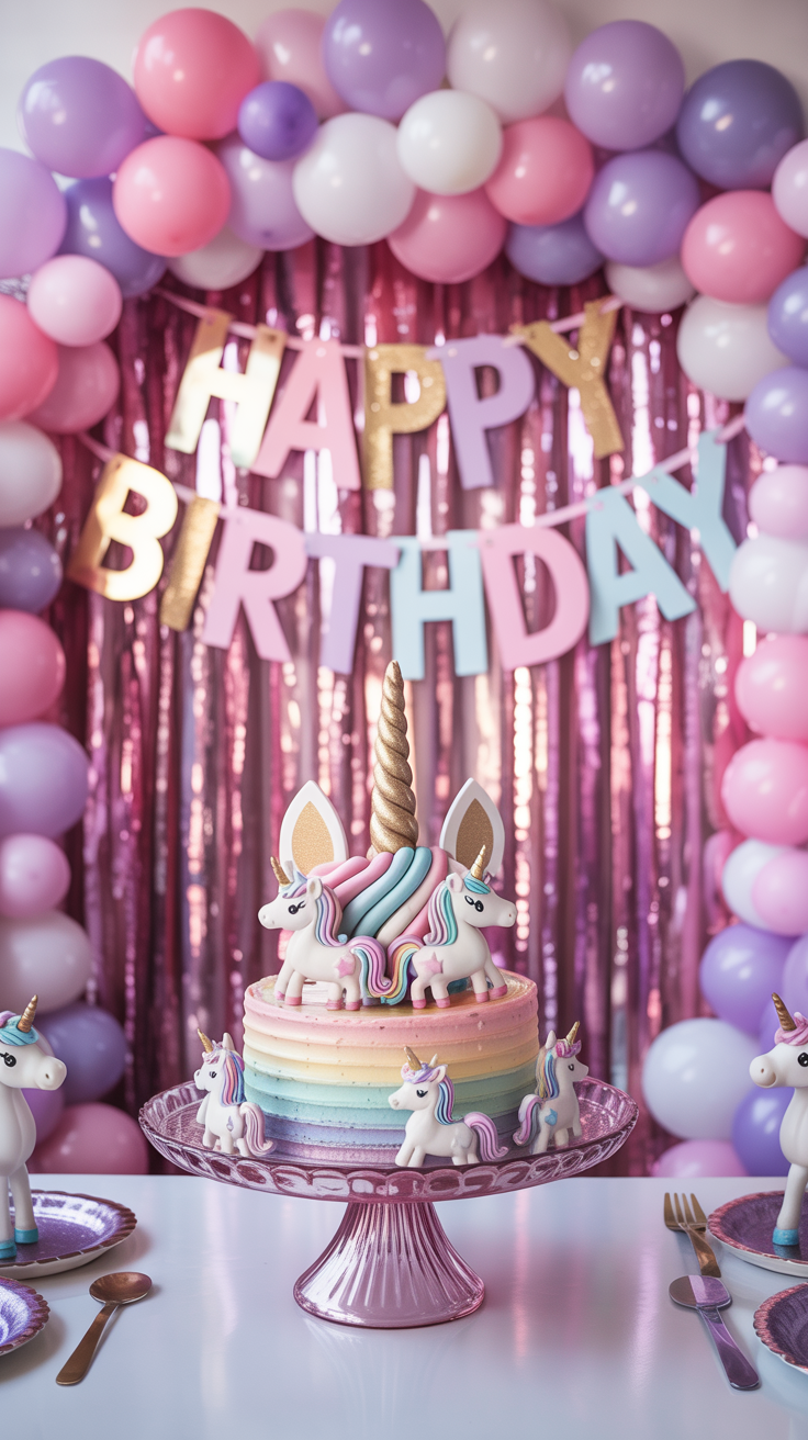 A rainbow-layered unicorn cake sits on a pink glass stand, surrounded by unicorn figurines. The cake has a golden horn and ears on top, with a colorful sprinkle of stars. In the background, a 'Happy Birthday' banner is flanked by pink and purple balloons, and a shimmering pink curtain adds sparkle to the festive setting.