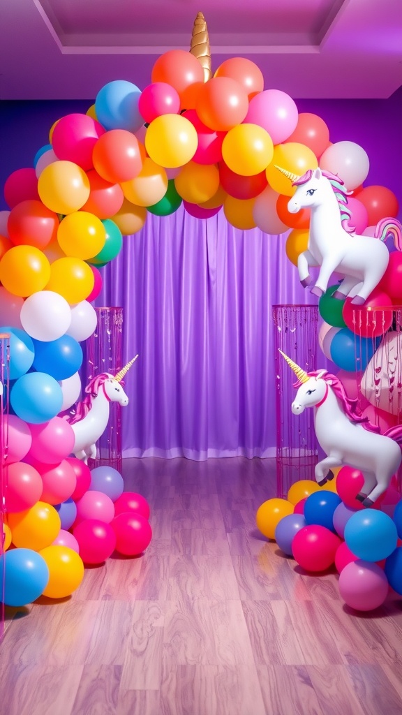 Balloon archway with colorful balloons and unicorn decorations on a wooden floor.