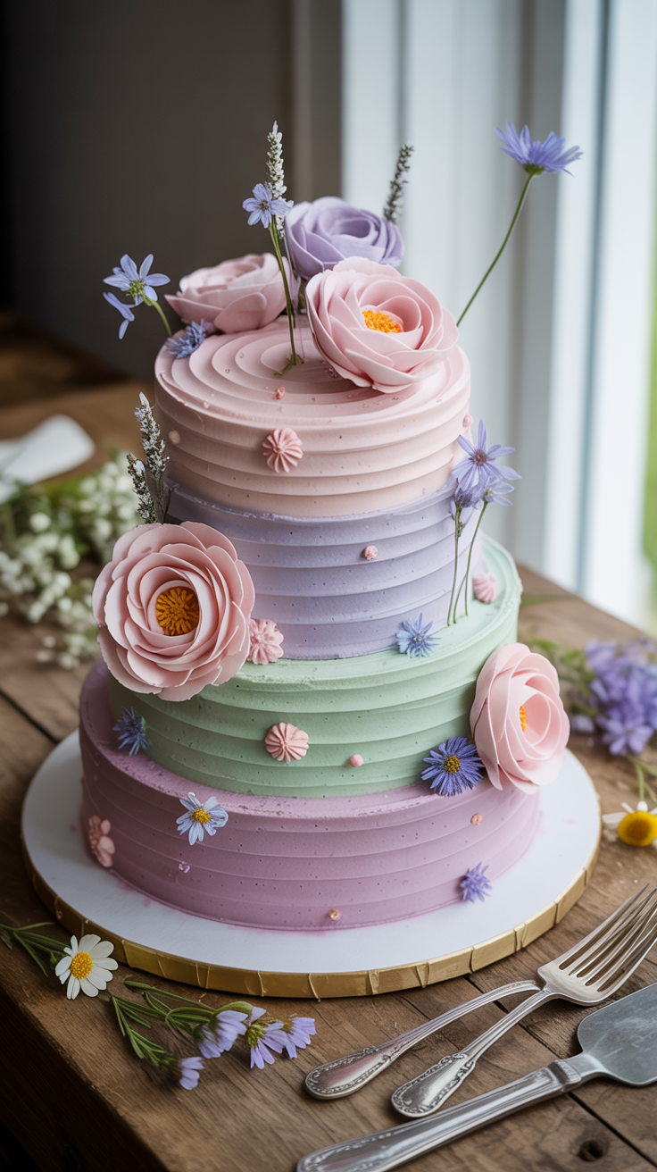 A three-tiered pastel wedding cake decorated with intricate sugar flowers and piped details on a wooden table.