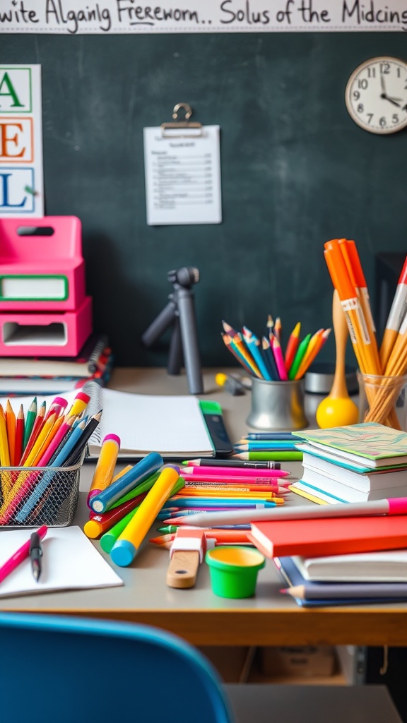 A cluttered teacher's desk filled with colorful stationery and classroom supplies.