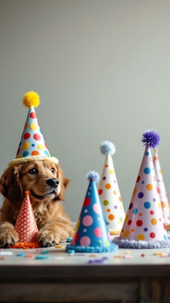 A dog wearing a colorful party hat surrounded by several other polka-dot party hats on a table.