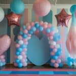 Party decorations featuring pink and blue balloons, a heart-shaped balloon arch, and star-shaped foil balloons against striped walls.