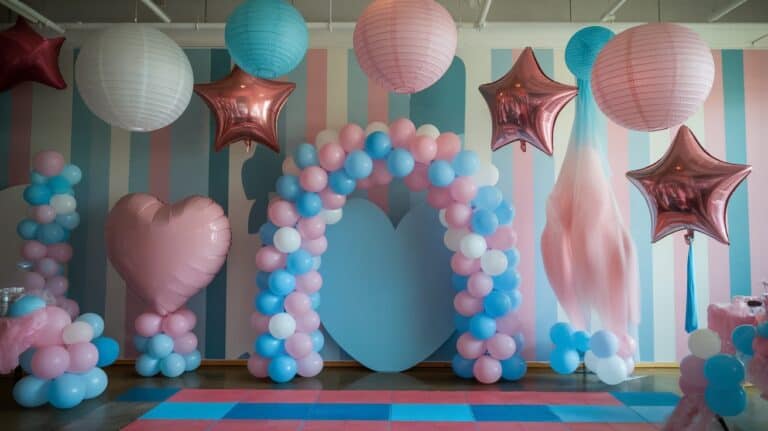 Party decorations featuring pink and blue balloons, a heart-shaped balloon arch, and star-shaped foil balloons against striped walls.