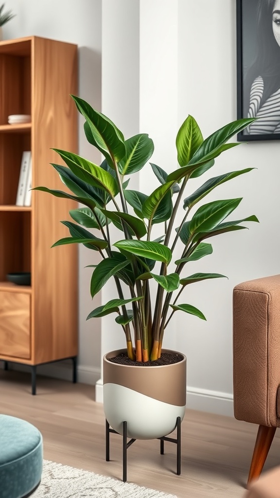 A green plant in a modern pot placed in a well-decorated living room.