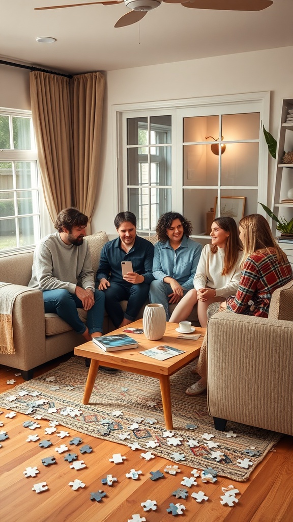 Five friends sitting together on a couch, enjoying time while working on a puzzle scattered on the floor.