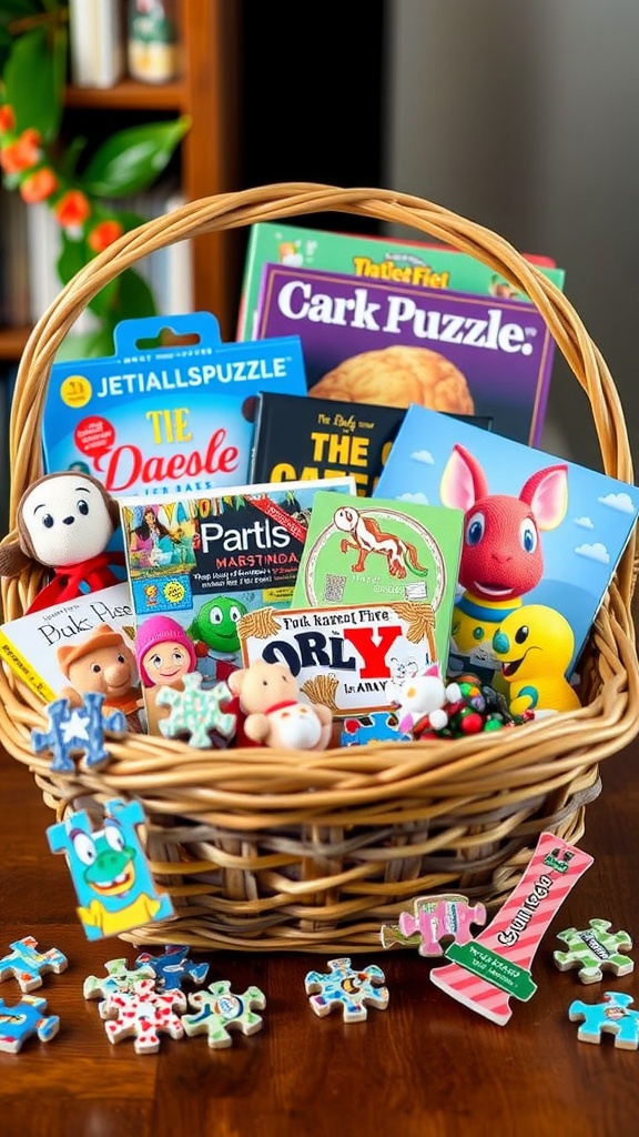 A beautifully arranged gift basket with various puzzles and snacks, perfect for a thoughtful gift.