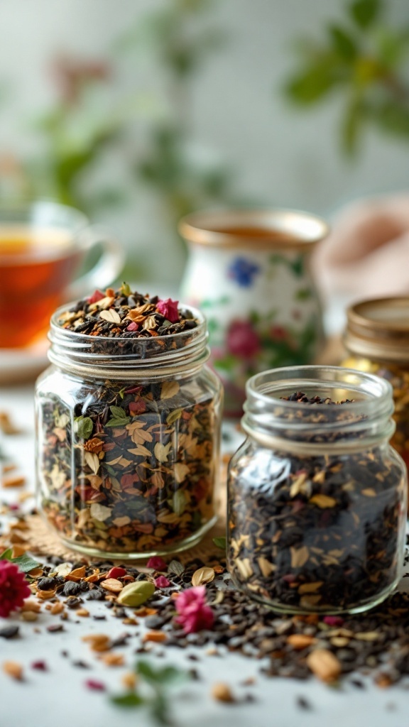 Jars filled with unique tea blends surrounded by loose tea and a cup of tea.