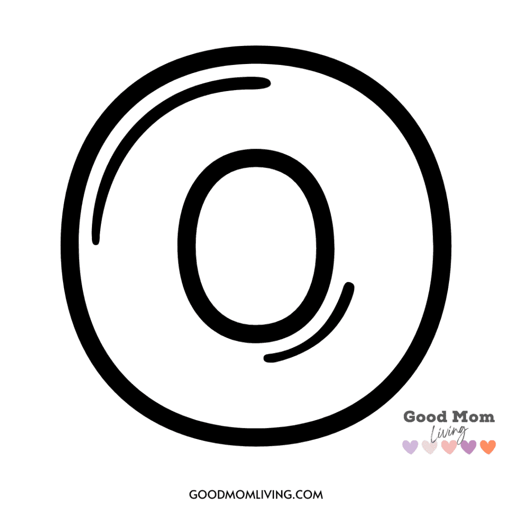 Outline of a donut with a stylized letter 'O' inside, accompanied by the text 'Good Mom Living' and pastel-colored hearts at the bottom right.