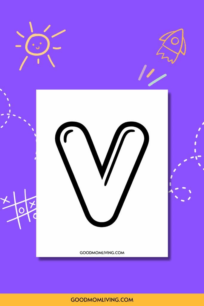 A large, bold letter 'V' on a white background with a playful purple border featuring doodles of a smiling sun, rocket, tic-tac-toe, and dashed lines.