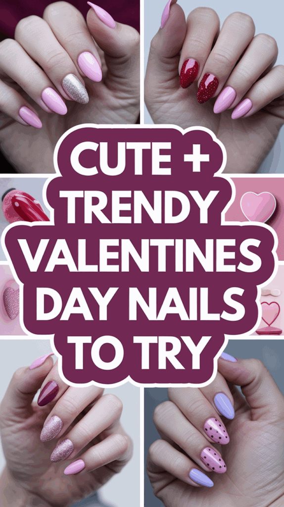 Collage of Valentine's Day-themed nail designs featuring pink and red shades with glitter and polka dot accents, surrounded by text "Cute + Trendy Valentines Day Nails to Try."