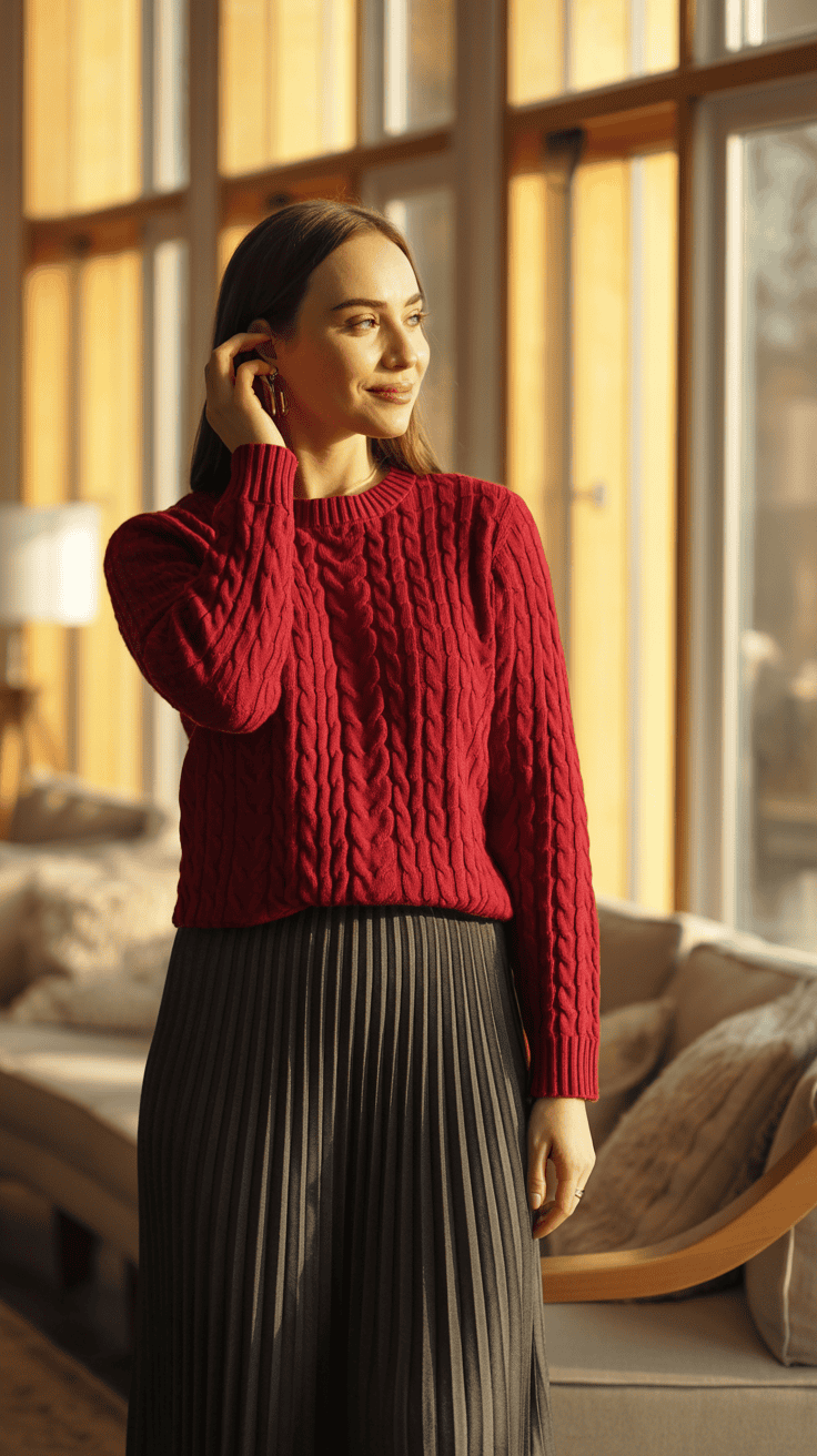 A person wearing a red cable knit sweater and a gray pleated skirt stands indoors near a sunlit window, gently touching an earring.