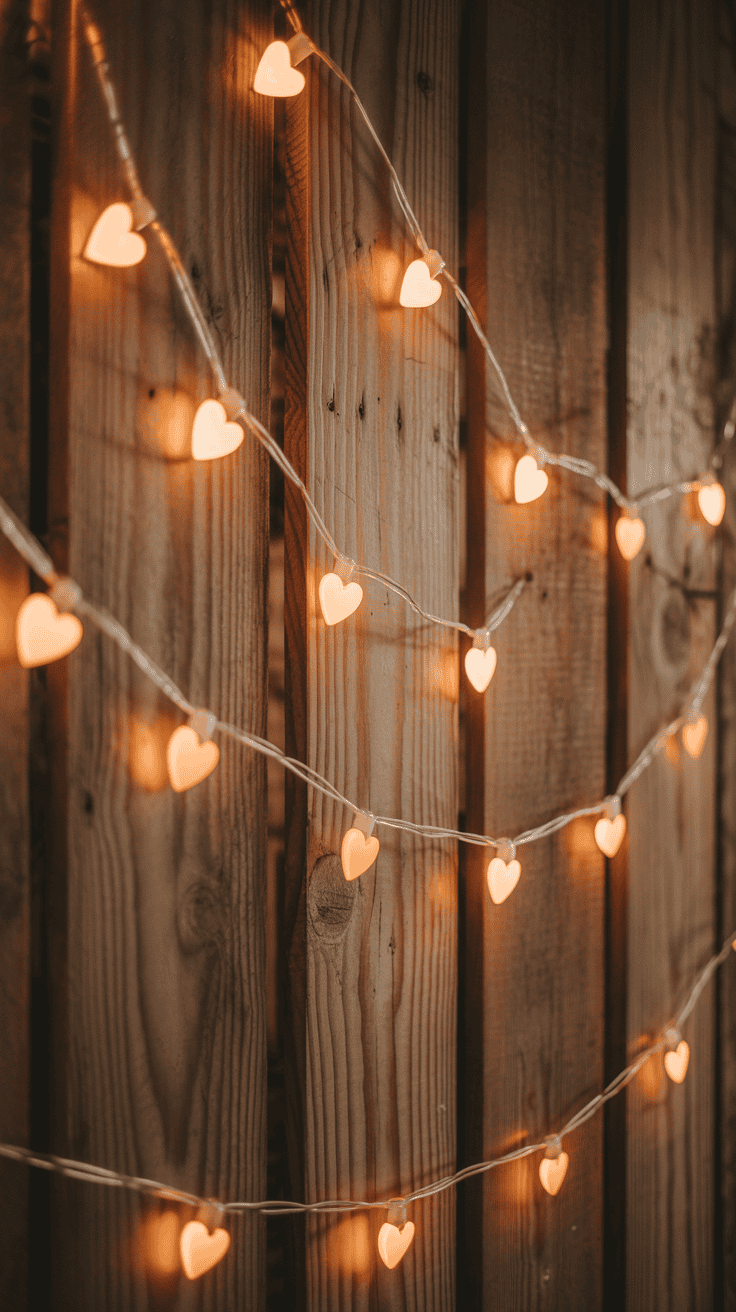 String lights with heart-shaped bulbs glowing warmly, draped across wooden planks.