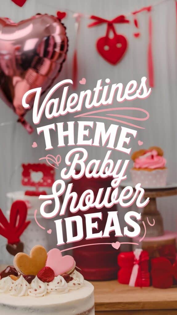 A Valentine's Day themed setup with the text "Valentines Theme Baby Shower Ideas" overlaid, featuring a heart-shaped balloon, heart decorations, a cake with heart-shaped toppings, and pink and red wrapped gifts in the background.