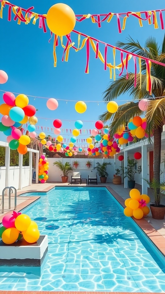 A swimming pool decorated for a party, featuring colorful balloons and streamers hanging above. The surrounding area is adorned with potted plants and palm trees, creating a festive and tropical atmosphere under a clear blue sky.