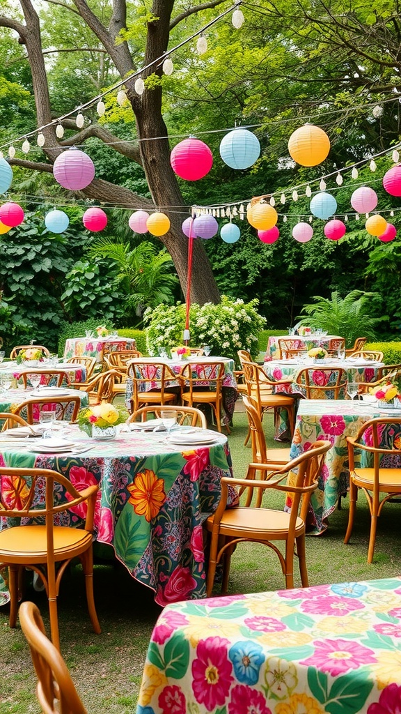 An outdoor garden setting with tables covered in colorful floral tablecloths and surrounded by wooden chairs. The garden is decorated with strings of lights and variously colored paper lanterns hanging above, with green trees and foliage in the background.