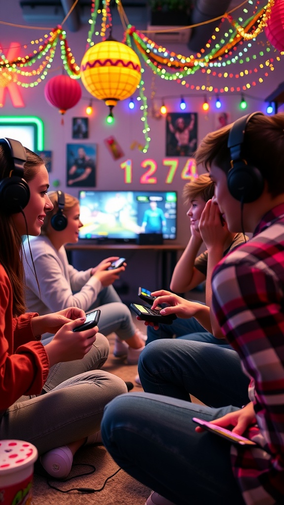 A group of teenagers enjoying a video game marathon with colorful decorations and snacks.