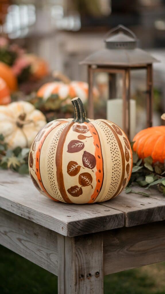 A painted pumpkin on a wooden table, featuring decorative leaves and patterns in brown and orange hues, surrounded by other pumpkins and a lantern with a candle.