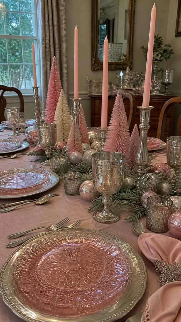 Pink and Silver Vintage Christmas Table Setting