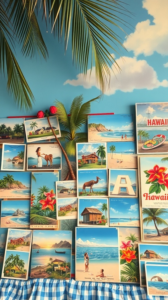 A collage of vintage Hawaiian-themed postcards featuring tropical beach scenes, flowers, and island landscapes, set against a wall decorated with palm leaves and a blue sky with clouds.