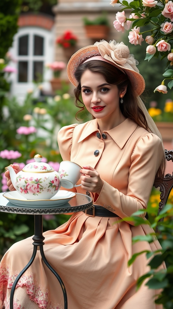 A woman enjoying a vintage tea party in a garden setting, wearing a floral dress and holding a teacup.