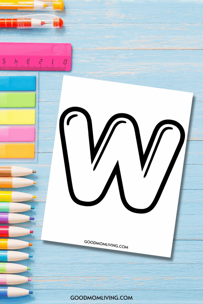 A coloring page featuring a large, outlined letter 'W' on a wooden blue background, surrounded by colorful pens, a ruler, and sticky notes.