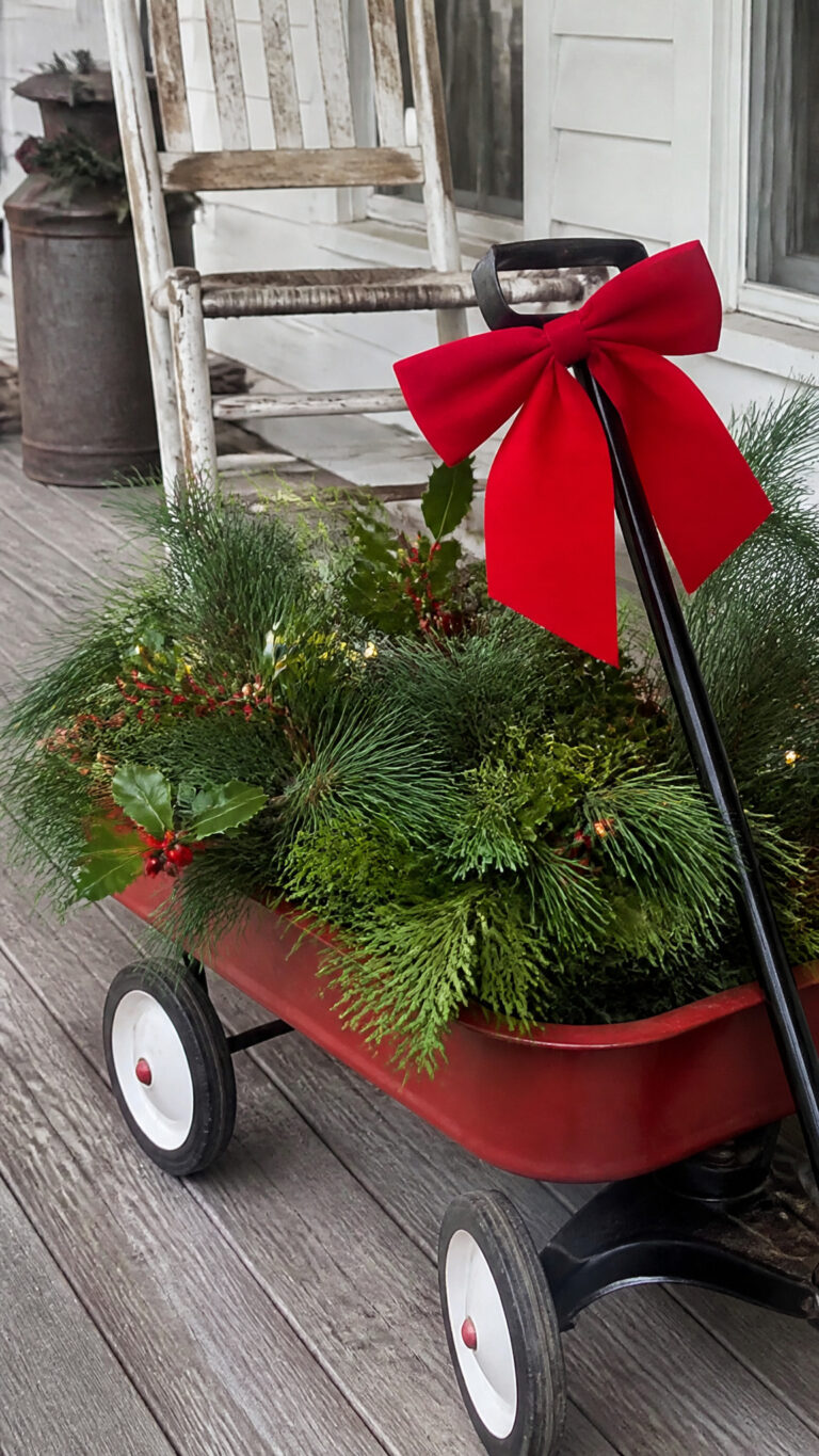 Classic Red Wagon Filled with Fresh Evergreens