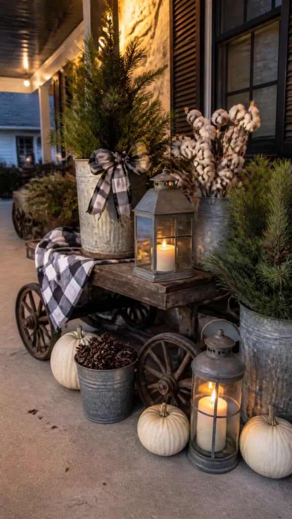 Farmhouse Wagon with Galvanized Buckets and Lanterns