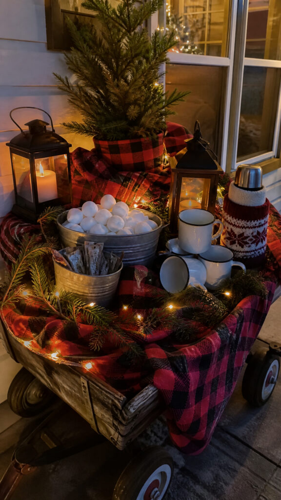 Plaid and Cozy Wagon with Blankets and Hot Cocoa Station