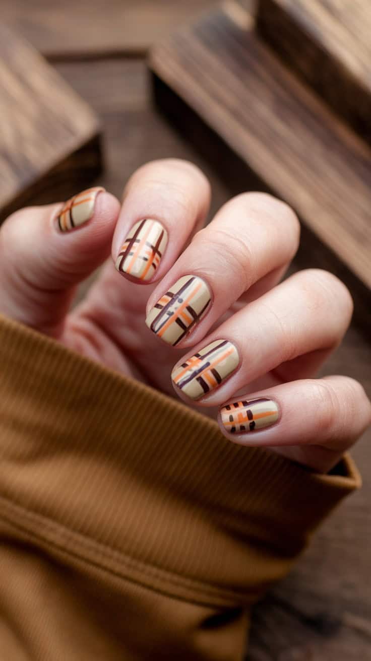 A close-up of a hand with plaid-themed nail art featuring beige, orange, and dark brown stripes.