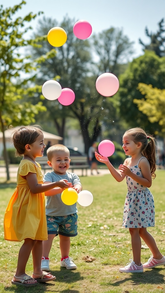 Children playing Water Balloon Toss game outdoors with colorful water balloons.