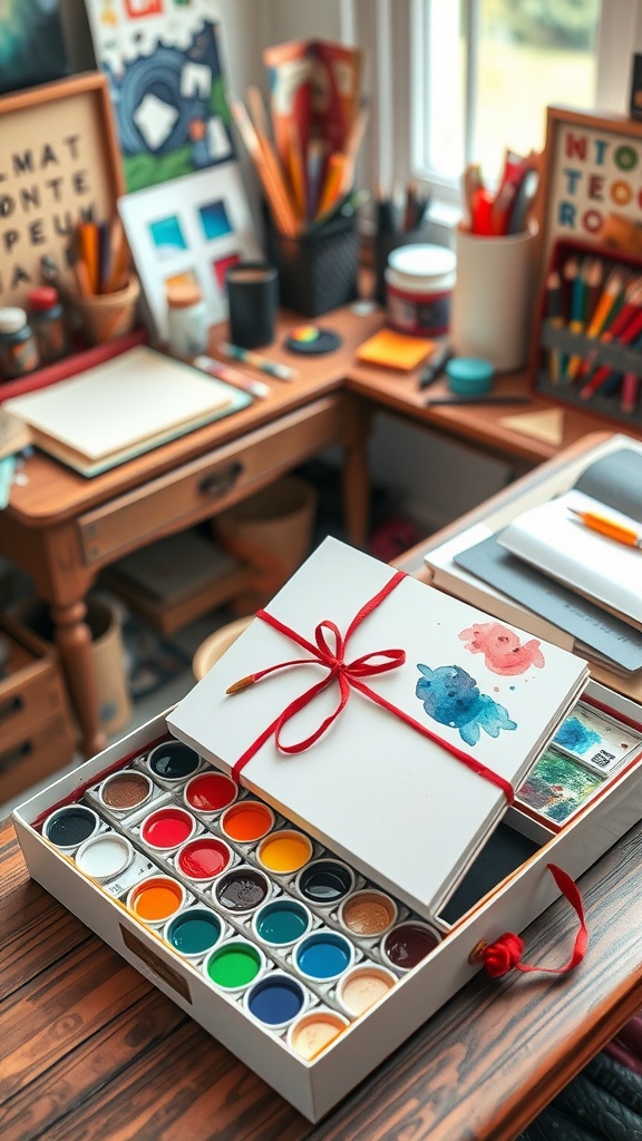 A well-organized artist's workspace featuring a wooden desk with various art supplies, including colorful watercolors in an open box, a sketchbook with a red ribbon, paintbrushes, and colored pencils. The workspace is brightened by natural light streaming through a window.