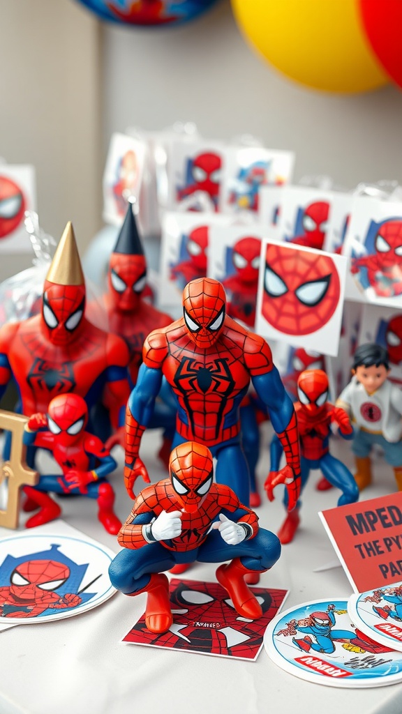 A colorful display of Spider-Man themed party favors including action figures and stickers.