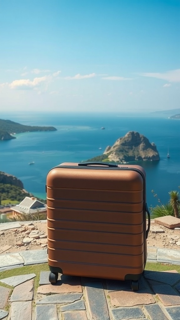 A bronze-colored suitcase with wheels is placed on a stone pathway, overlooking a scenic view of a coastal landscape with a large, rocky island in the background under a clear blue sky.