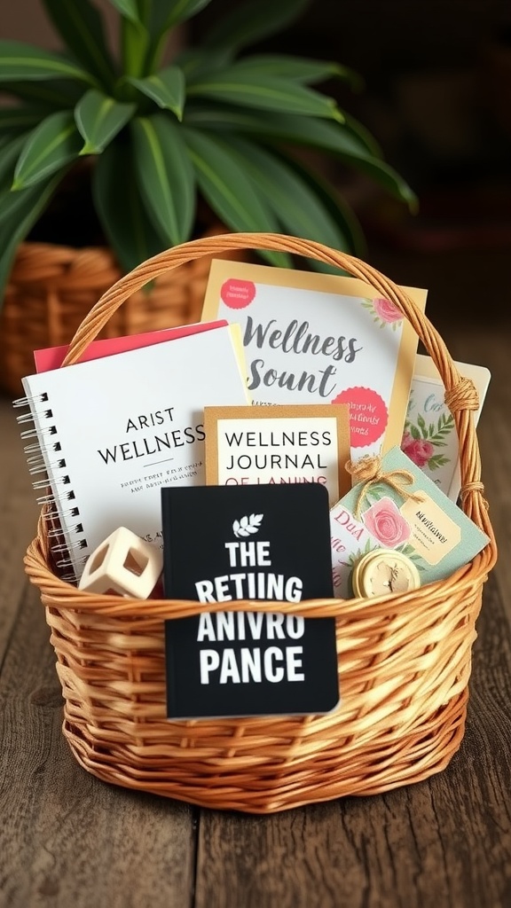 A gift basket filled with wellness journals, planners, and stationery items.