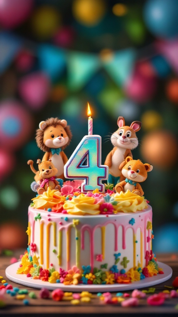 A colorful birthday cake with a large number 4 candle and animal figurines, decorated with flowers and drizzled icing, surrounded by festive background.