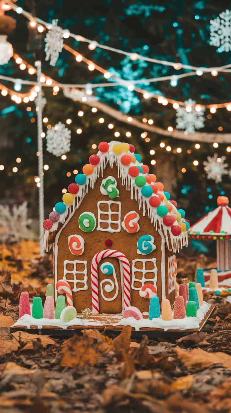 A decorated gingerbread house adorned with colorful candy and icing stands on a bed of fall leaves. The house features a candy-cane striped door, gumdrop roof, and icing windows. In the background, festive lights and snowflake decorations are visible, enhancing the holiday atmosphere.