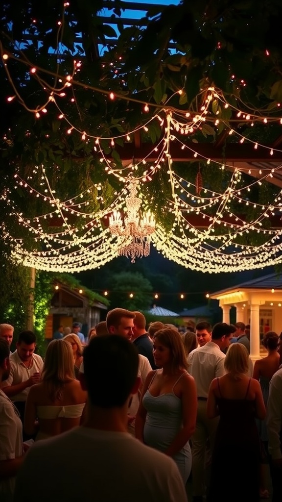 A festive outdoor gathering under a canopy of string lights and a chandelier, with people mingling and chatting in evening attire.